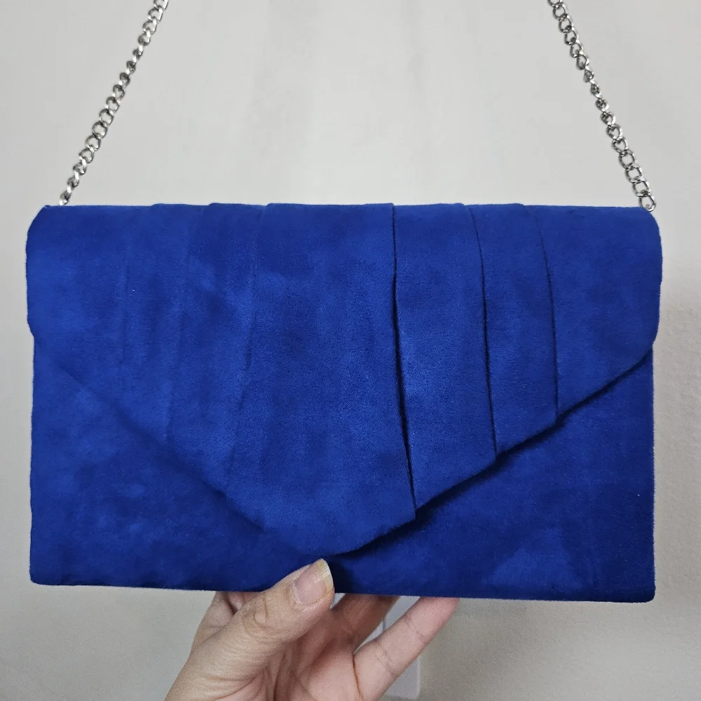 Women's Evening Bag Pleated Envelope Clutch Royal Blue Silver Chain
